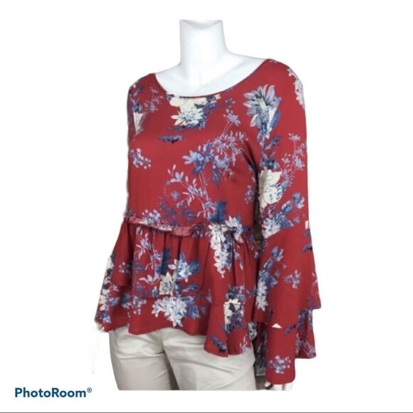 Boho Red Floral Gypsy Blouse Top Med Altered State - Picture 2 of 11
